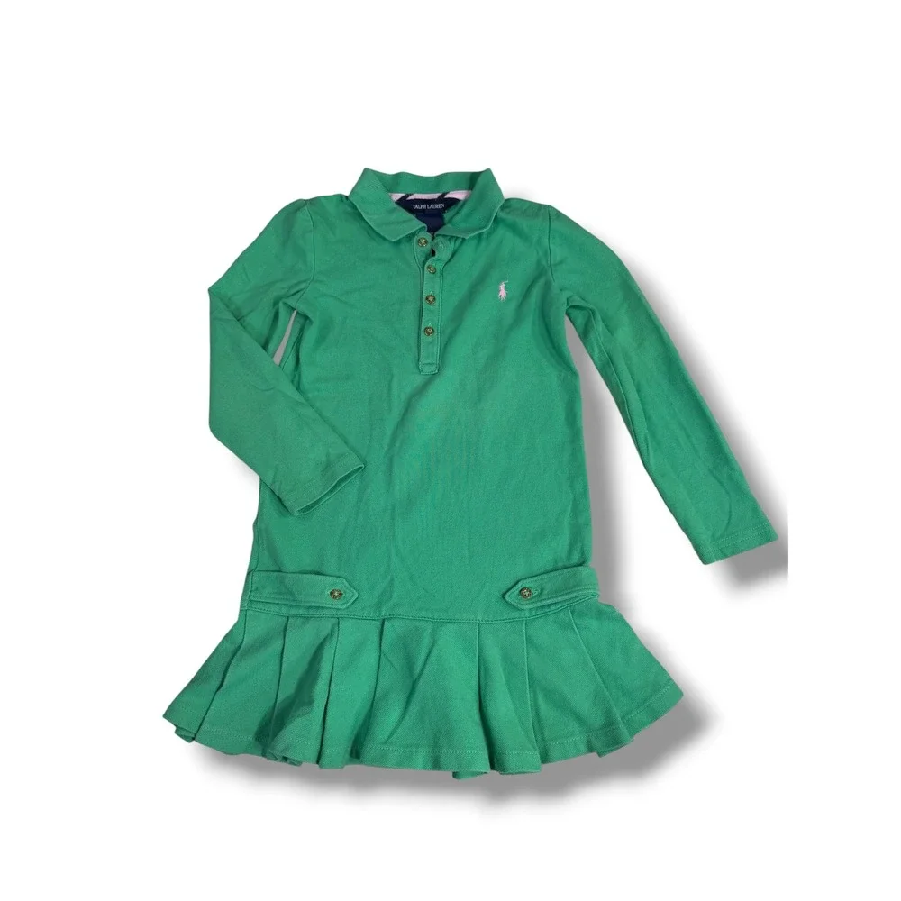 Ralph Lauren Girls 5 Green Long Sleeve Polo Dress Pleated Drop Waist Preppy BTS